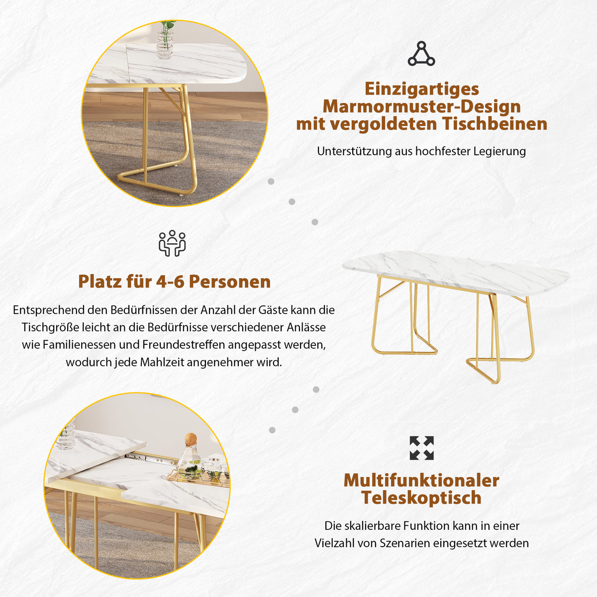 White Expandable Dining Table With Marble Structure, Gilded Metal Table Legs