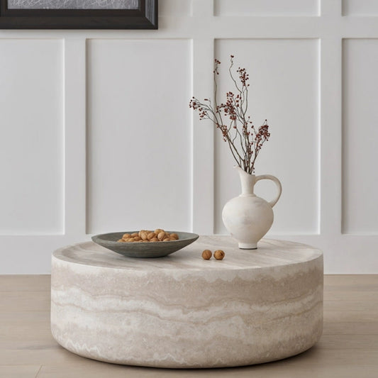 Travertine-Look Drum Coffee Table