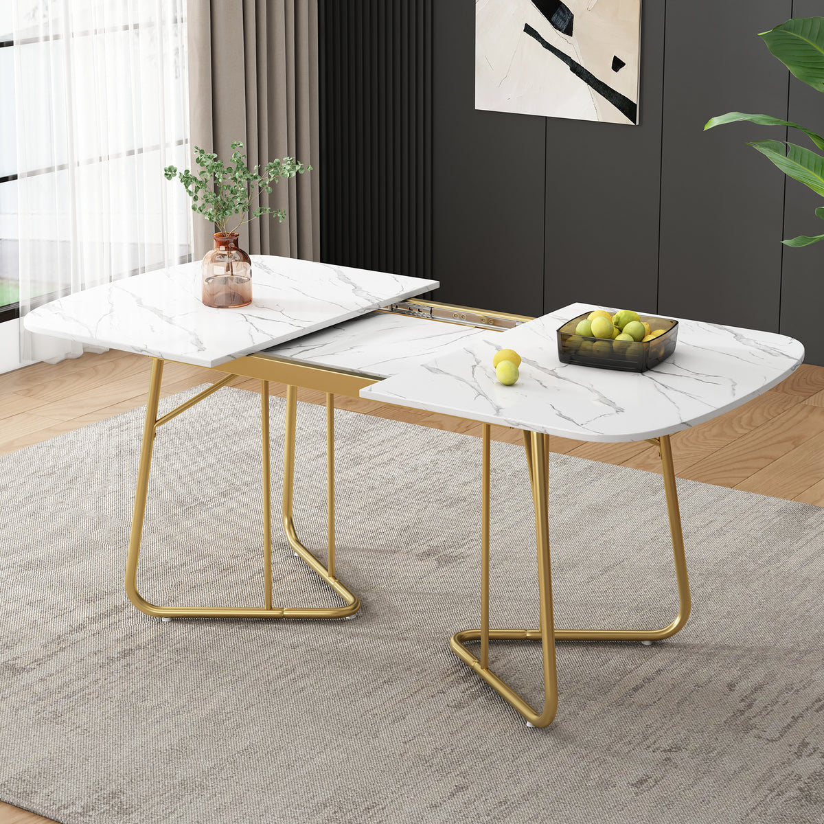 White Expandable Dining Table With Marble Structure, Gilded Metal Table Legs