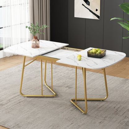 White Expandable Dining Table With Marble Structure, Gilded Metal Table Legs