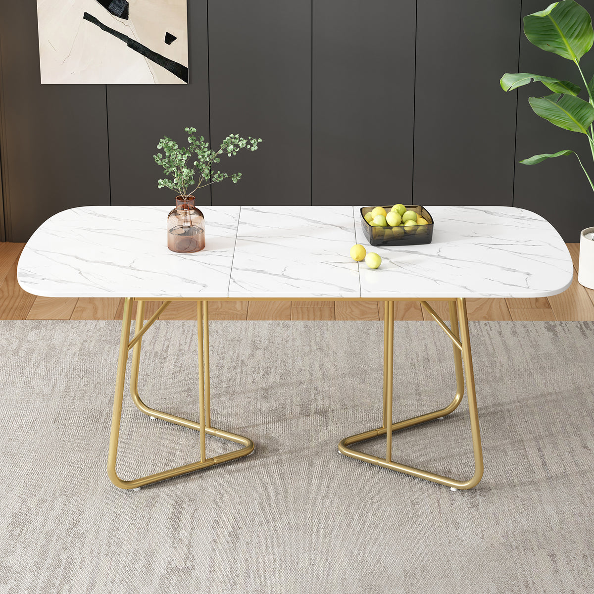 White Expandable Dining Table With Marble Structure, Gilded Metal Table Legs