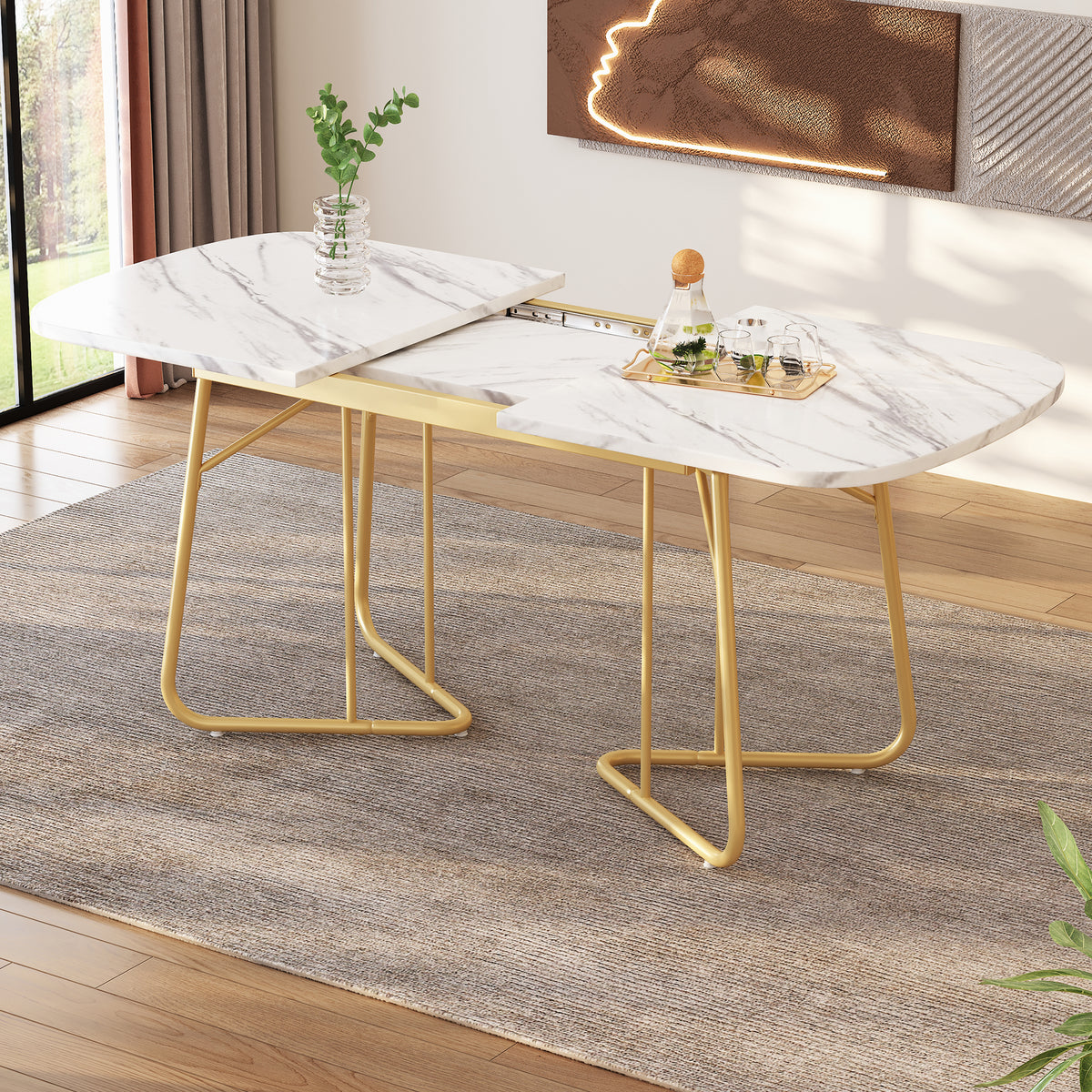 White Expandable Dining Table With Marble Structure, Gilded Metal Table Legs