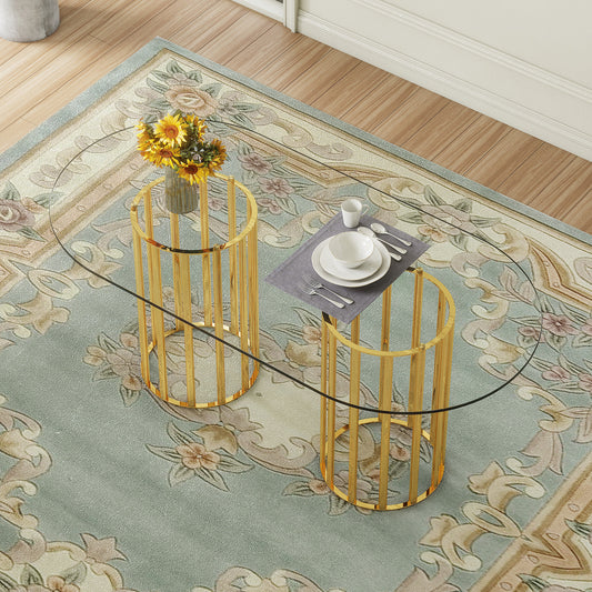 71 Inch Oval Tempered Glass Dining Table, Gold Double Column