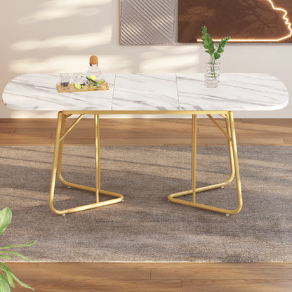 White Expandable Dining Table With Marble Structure, Gilded Metal Table Legs